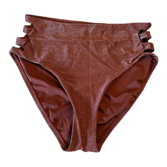 Bar III Shimmer Core Sparkly Brown Hip Slash Cutout High-Waisted Bikini Bottoms - Picture 6 of 15